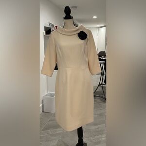 Teri Jon Cream Midi Dress with Black Flower Accent